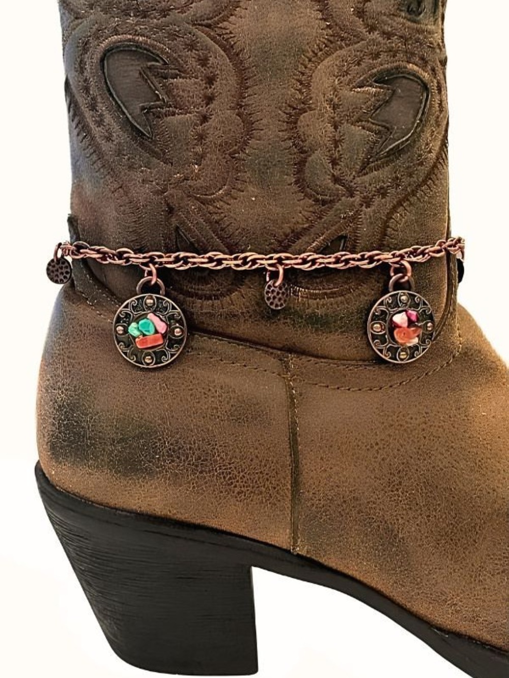 Copper-Tone Boot Charm Chain with Turquoise & Coral Accents